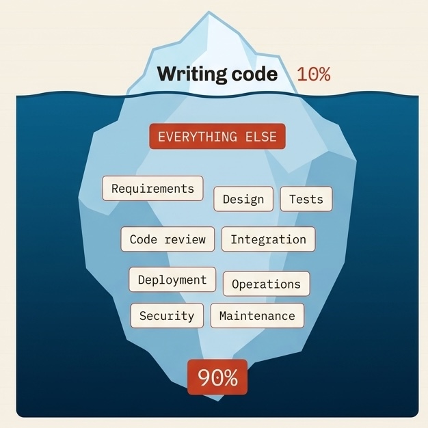 Iceberg diagram: writing code is the 10% above the waterline; requirements, design, tests, code review, integration, deployment, operations, security and maintenance are the 90% below